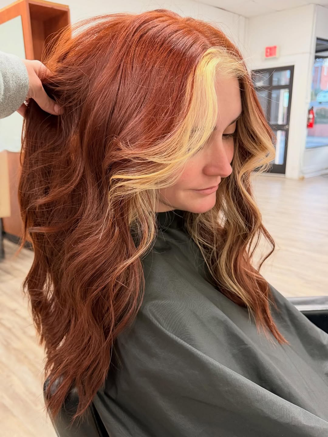 Fiery copper red with a blonde money piece